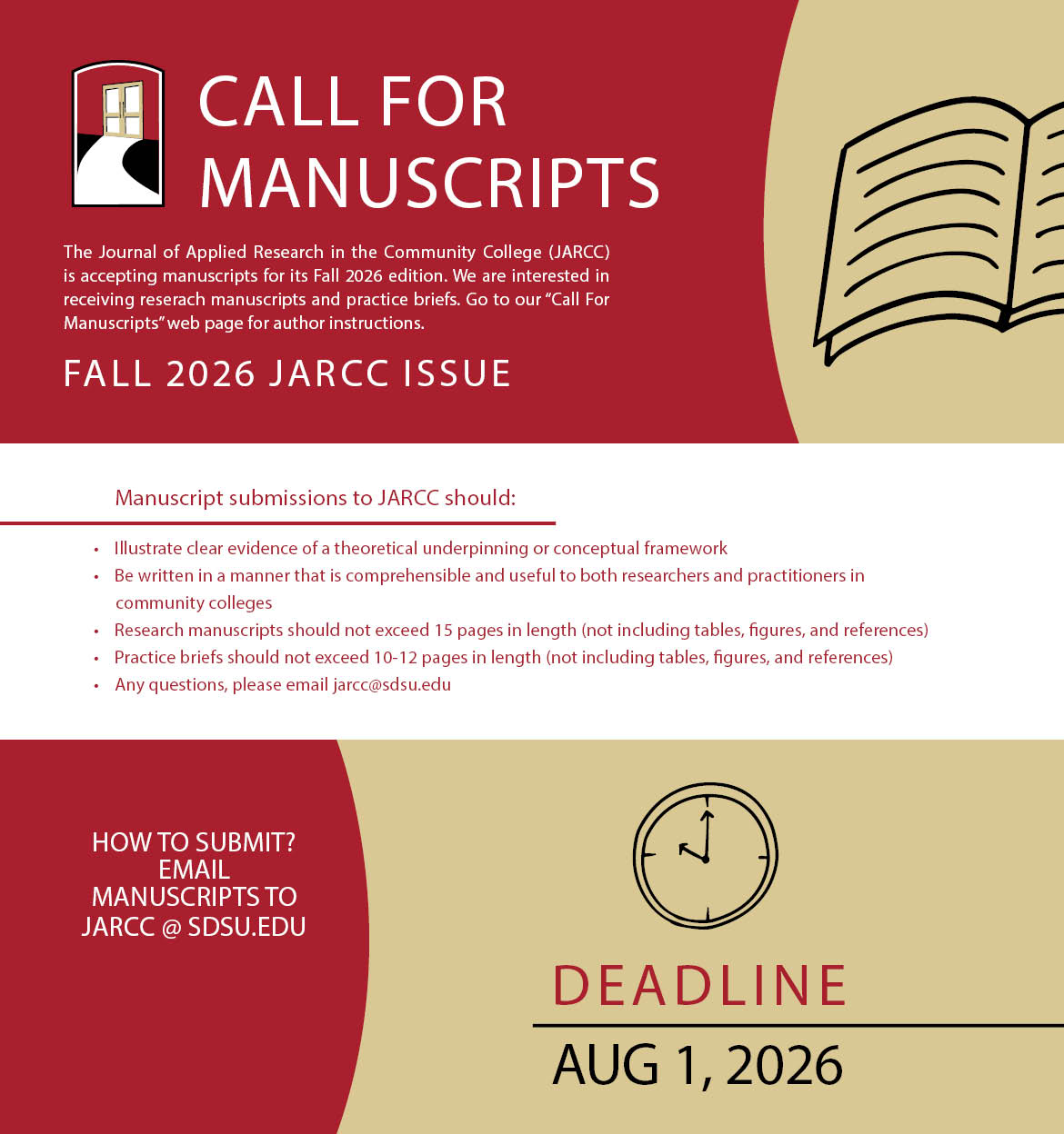 The Journal of applied research in the community college (JARCC) is accepting manuscripts for its Fall 2026 edition.